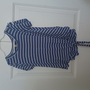 blue and white striped open should shirt